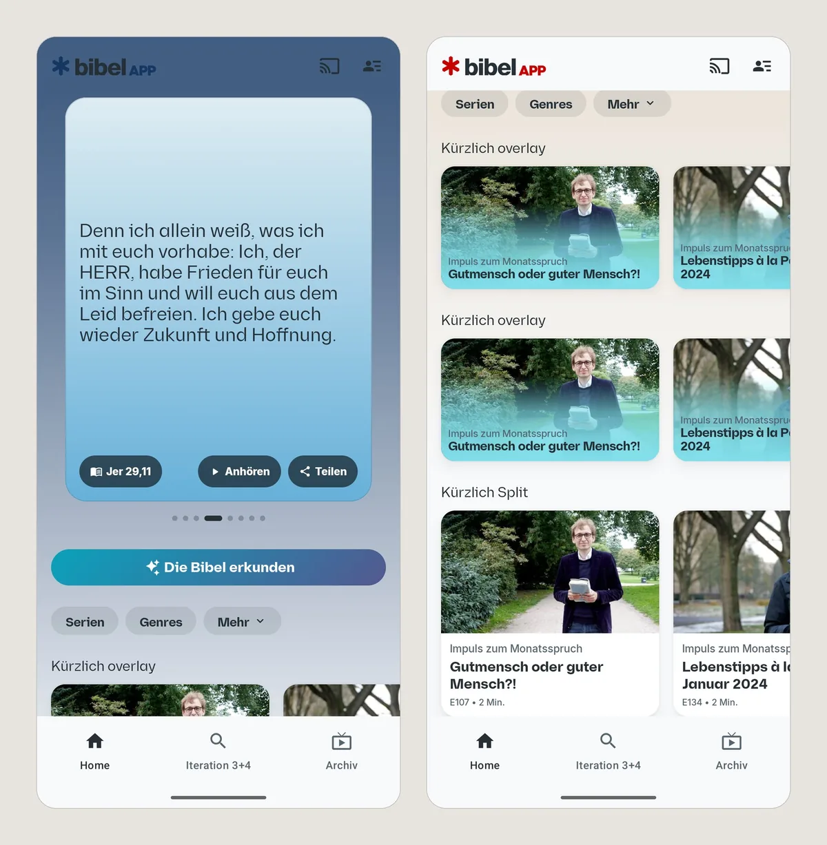 Zwei Bildschirme eines Android-Prototyps von Bibel TV mit echten Sendungen