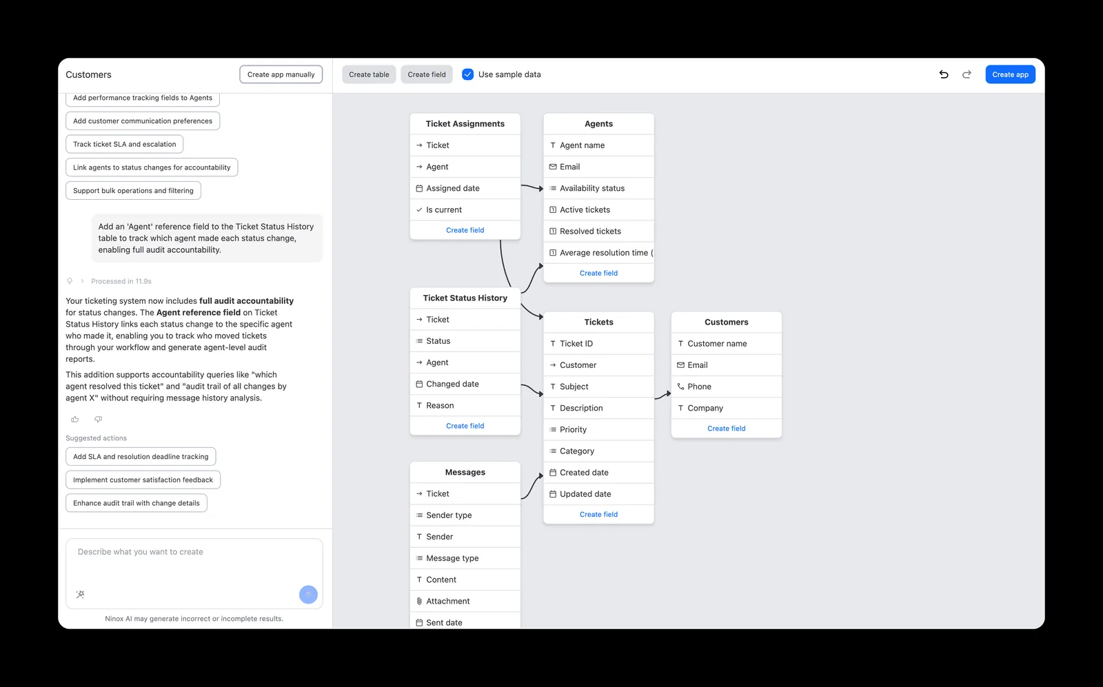Ninox KI-Onboarding: links der Chat, rechts das erzeugte Datenmodell mit bearbeitbaren Tabellenkarten